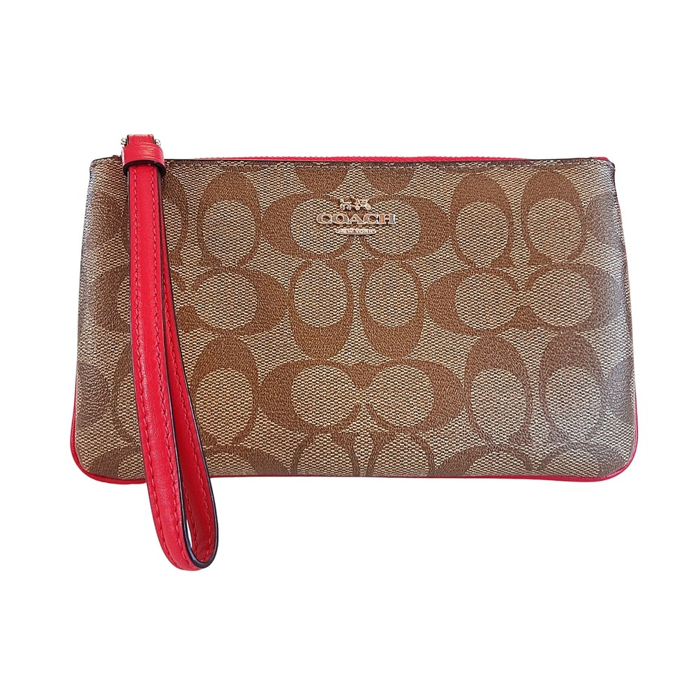 Coach Signature C Monogram Wristlet‎ Pouch Clutch Pink Trim Leather Strap